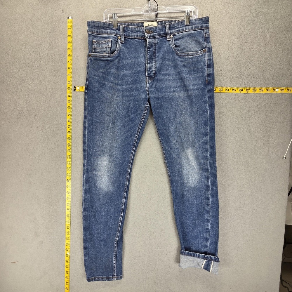 Selvedge Jeans Mens 34x30 Blue Folk Slim Tapered Whiskers Honeycomb